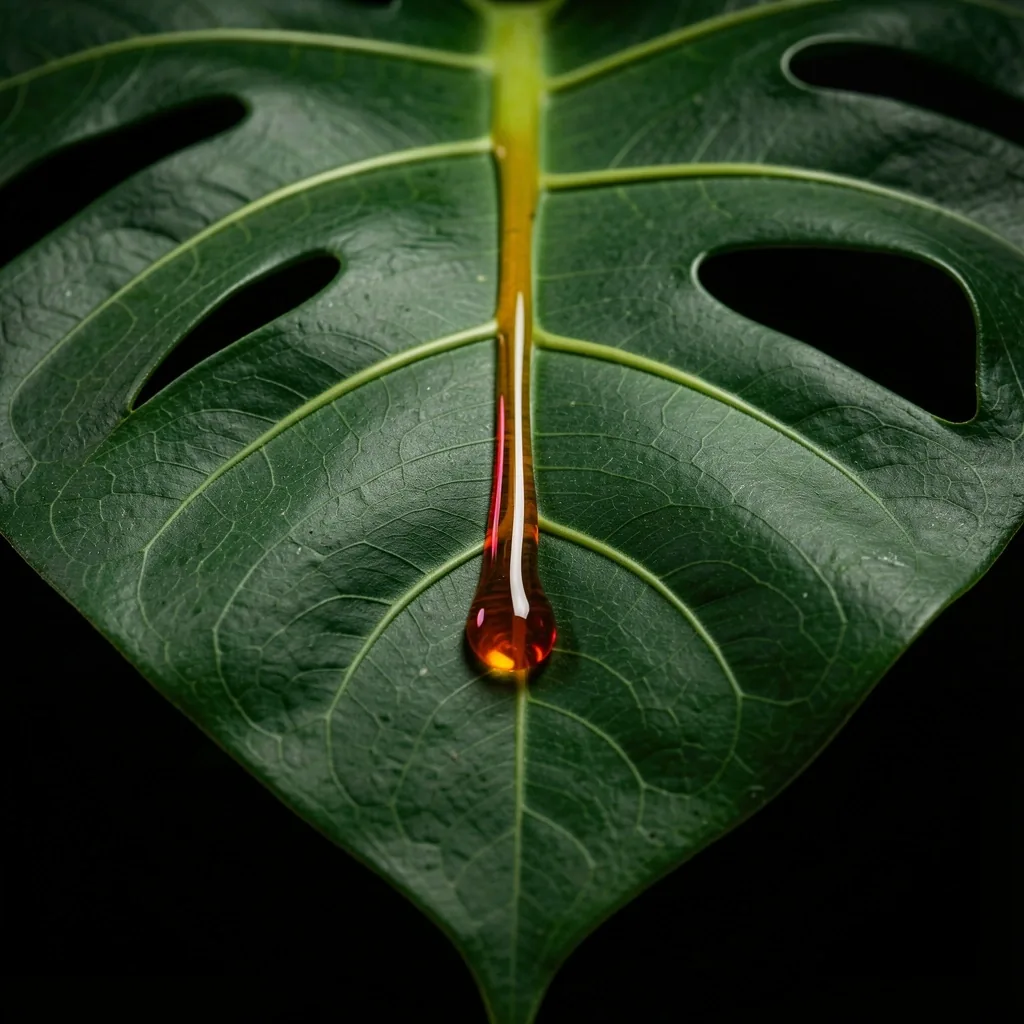 Botanical leaf showing vein network with amber droplet