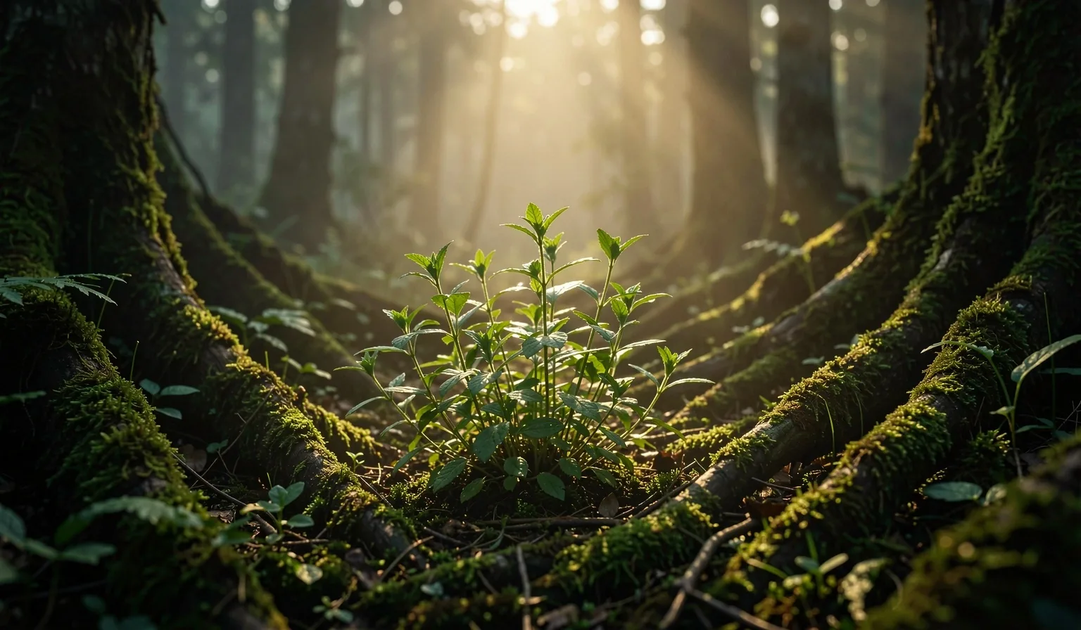 Forest floor with shaft of light through the canopy