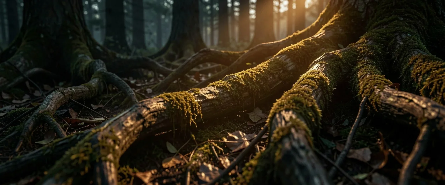 Dark forest floor with roots